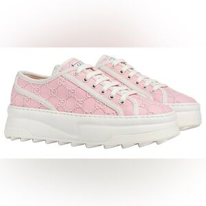 Gucci Tennis 1977 Pink GG Logo Embroidery Low Top Sneaker